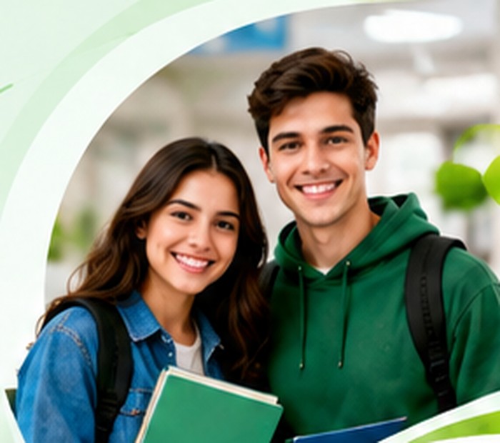 Dos estudiantes sonrientes con carpetas; imagen ilustrativa