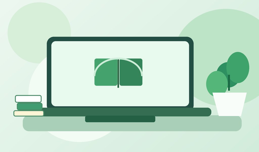 Ilustración de una computadora con libros y plantas