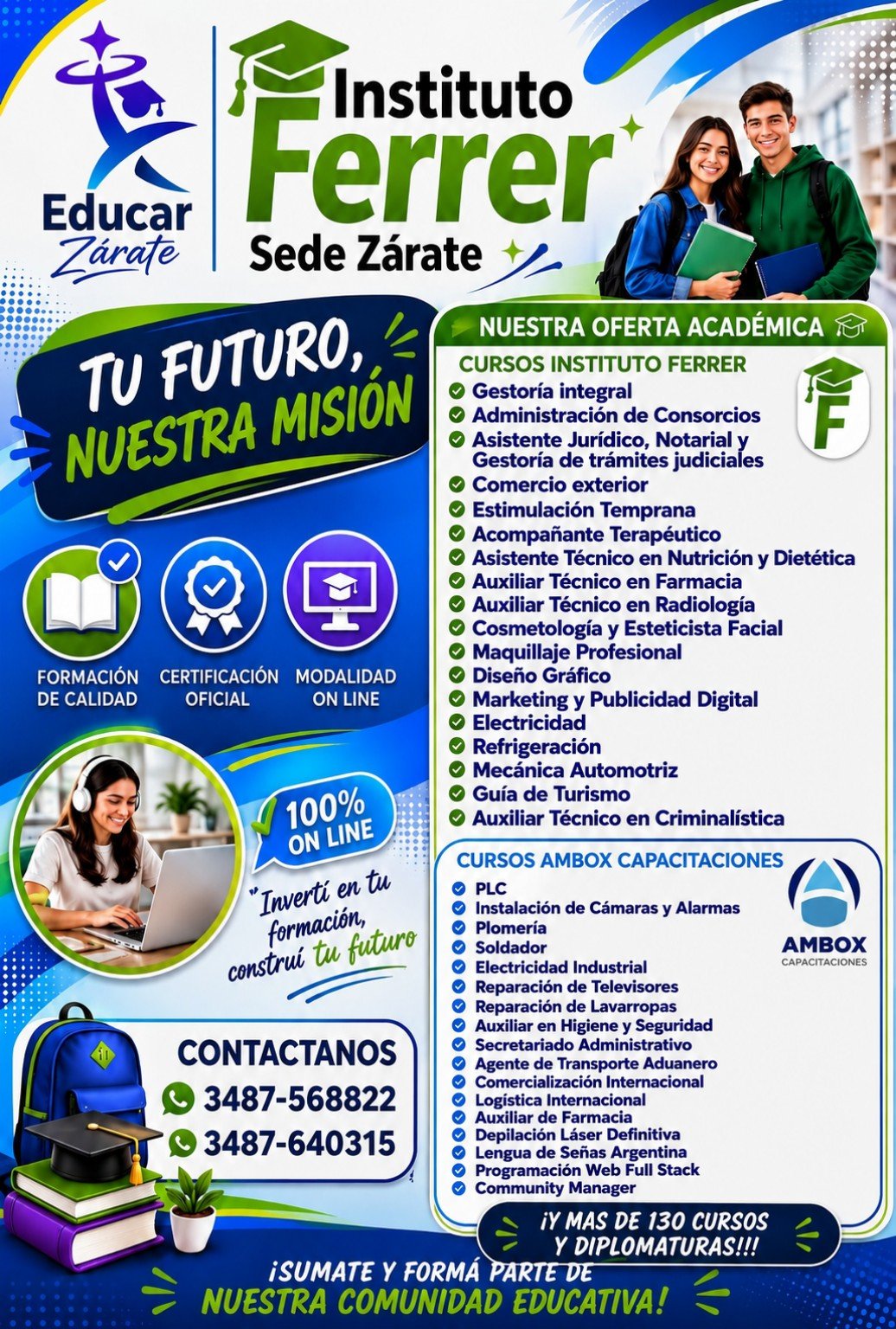 Folleto institucional original Educar Zárate, Instituto Ferrer e Instituto AMBOX